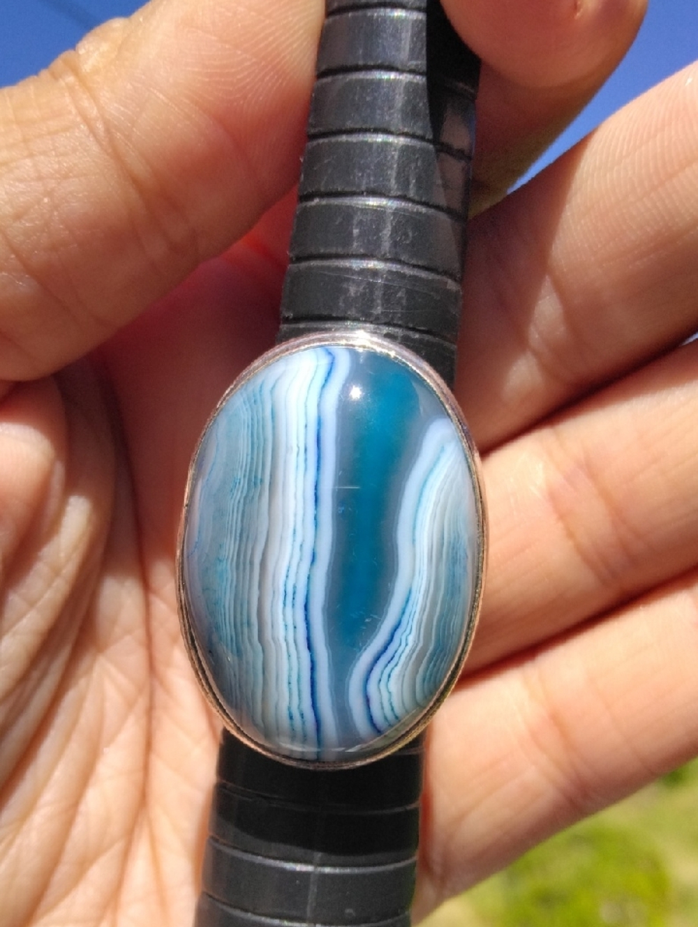 Blue Botswana Agate Silver Plated Gemstone Ring - Picture 3 of 4